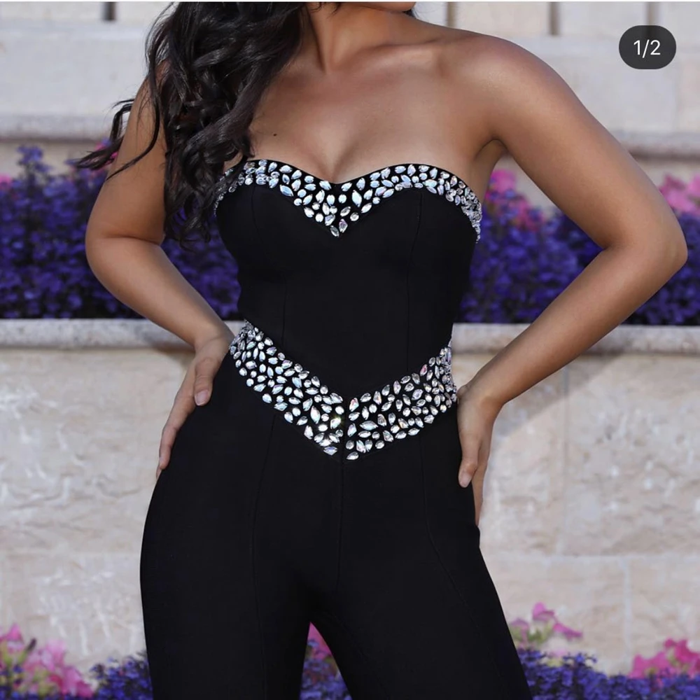 Moulante Perles Salopette Nouvelle Femmes Noir Bretelles Sexy Nu Élégant Celebrity 2018 Clubwear Mode Bandage Dos HwFUxFvqC
