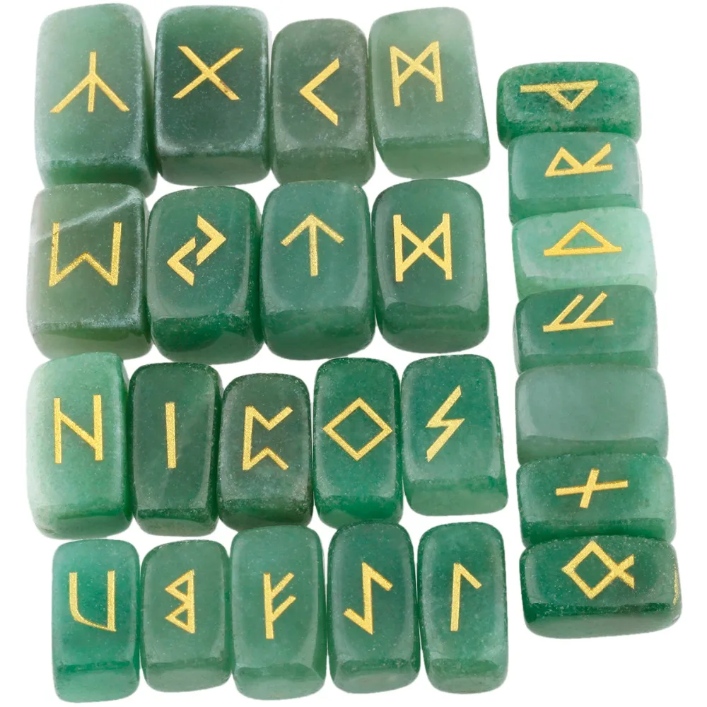 SUNYIK 1Lot (24Pc) Natural Green Aventurine Engraved Rune Stones Set Healing Reiki Crystal Tumbled Stones Jewelry Packaging