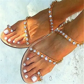 

2019 summer fashion brown Flipflop Woman sandals bling bling rhinestone decor flat heel ankle strap female party show shoes