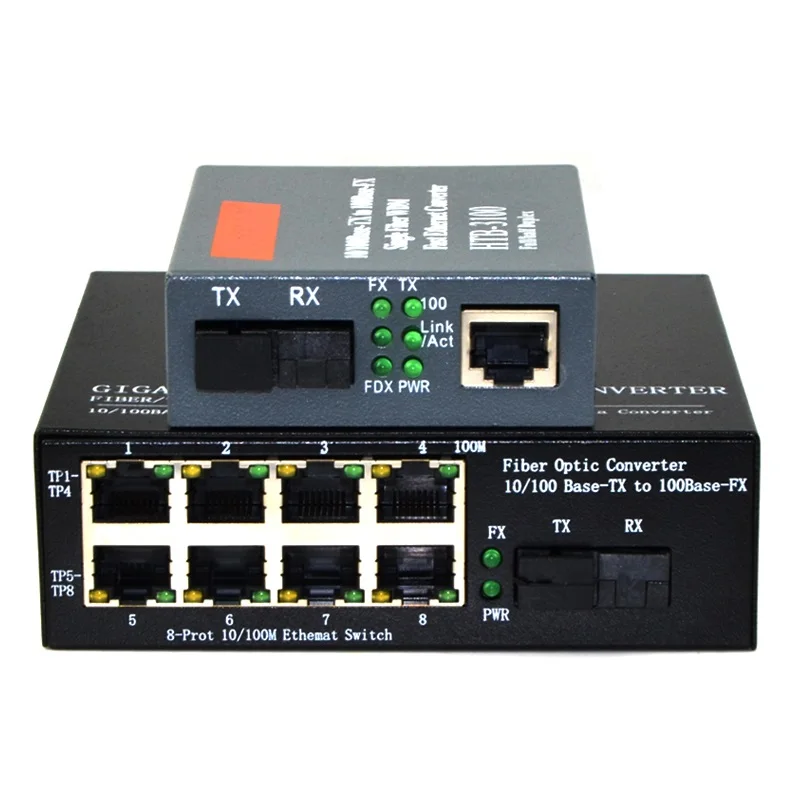 10/100 Мбит/с волоконно-оптический медиа конвертер 1 CH * SC 8 RJ45 преобразователь