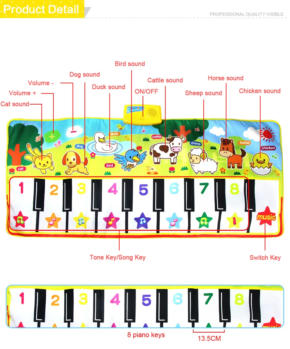 Большой музыкальный коврик 135x58 см, коврик для сенсорного воспроизведения пианино с 8 животными, музыкальный инструмент, детский игровой коврик, развивающие игрушки