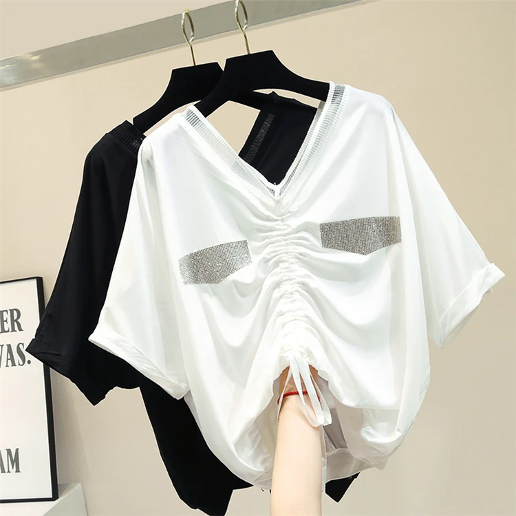 

2019 New Summer Large Size V Neck Female Pullovers Top Loose Batwing Short Sleeve T-shirts Solid Color Hot Drilling Casual Tees