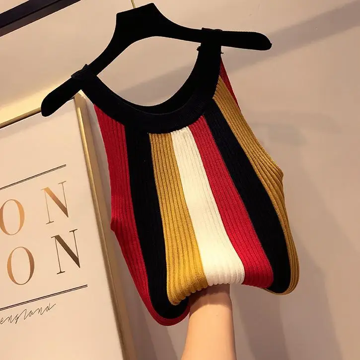 Summer Round Neck Color Striped Knit Vest Strapless Sexy Sling Slim Sleeveless Shirt T-shirt Wear - Цвет: Yellow white red