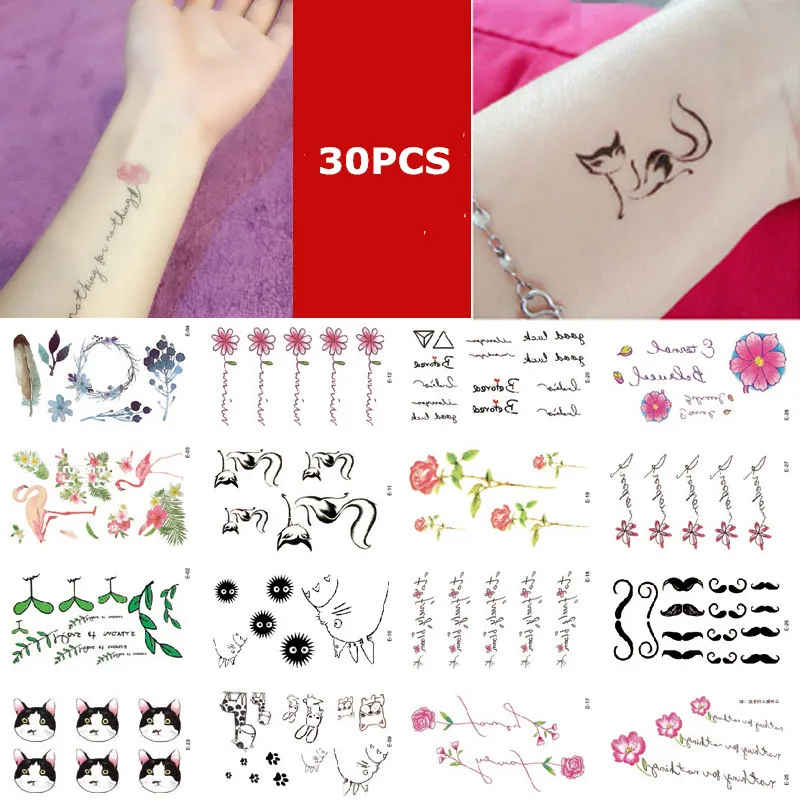 

30pcs/set Waterproof Temporary Tattoo Sticker Cat Rabbit Flamingo Flower Panda Fake Tattoo for Kids Girls Tatuajes Temporales