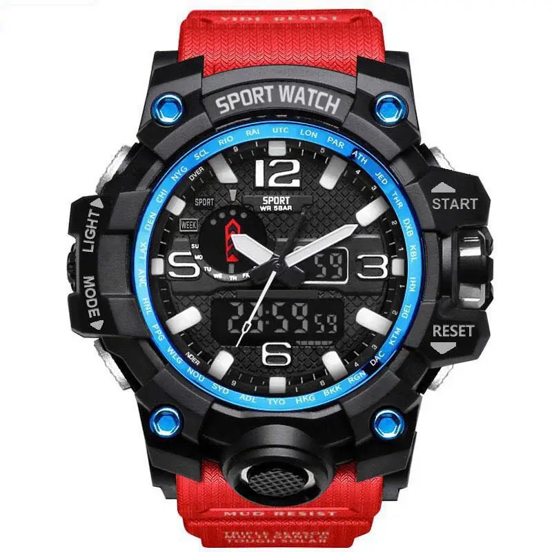 Ударные мужские цифровые наручные часы, открытый выбор, спортивные часы, светодиодный, многофункциональный, задний светильник, хронограф, 50 м, водонепроницаемые часы - Цвет: Красный