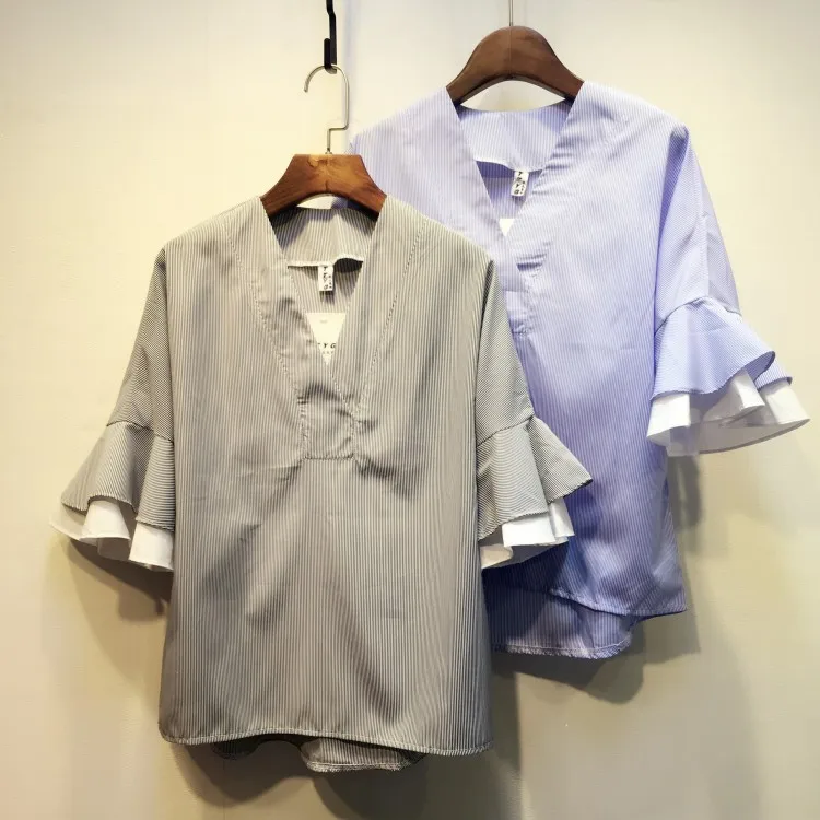 Alpha Women Fashion Shirts 2016 Summer V Neck Flare Sleeve Women