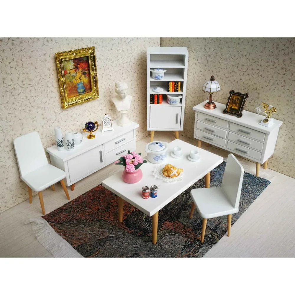Casa de Bonecas em Miniatura Sala Jantar Mobiliário Conjunto Branco Moderno Conciso Estilo Gabinete Mesa Cadeira 6 Pçs Wd028a 1 - 12 6 estilo gabinete mesa cadeira 6 pçs wd028a