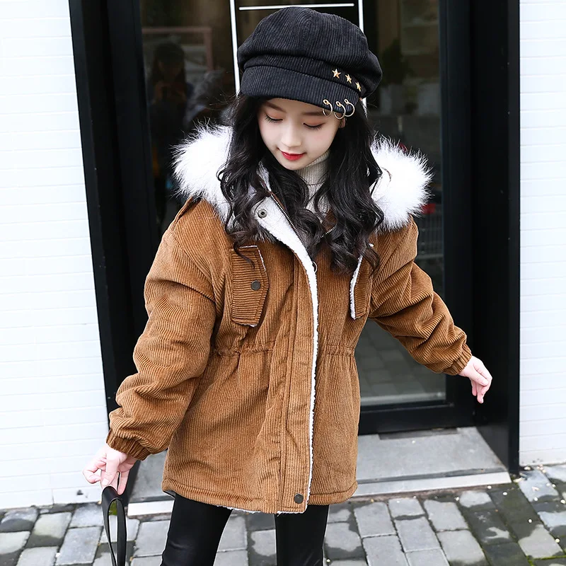 

Thick Winter Children Warm Corduroy Outerwear Girls jacket Kids Faux Fur Collar Hooded Padded Coat Girl Clothes 6 8 10 12 14 Y