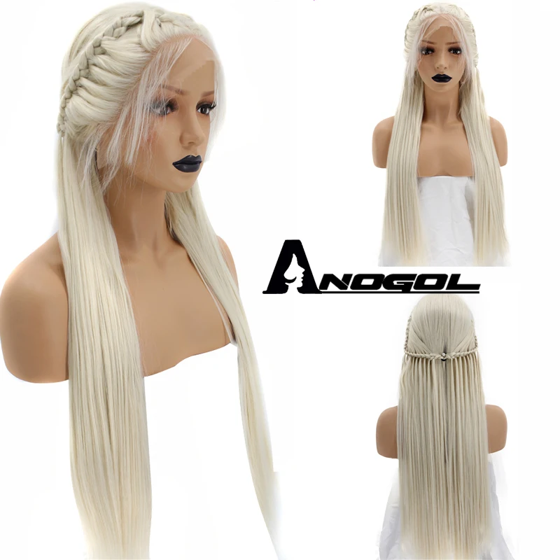 

Anogol High Temperature Fiber Platinum Blonde Braided Perucas Natural Long Straight Synthetic Lace Front Wig With Baby Hair