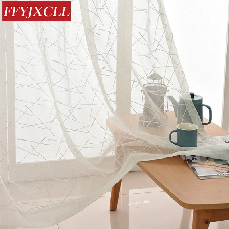 

New Geometry White Embroidery Tulle Curtains for the Living Room modern Sheer Curtain for Bedroom Window Blind Voile Custom Size