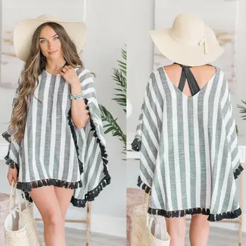 

New Summer Female Swimsuit Hollow Beach Bikini 3/4 Sleeve Women Tops Swimwear Cover Up Dress Striped Tassels Beach Shirt