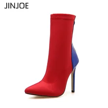 

JINJOE socialite Ankle Boots Woman Pointed Toe High Heels Pumps Female Stilettos Elastic Boots glamorous woman boots Mixed Color