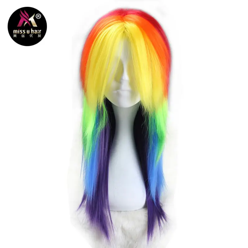 Miss U волосы синтетические девушки унисекс 60 см длинные прямые волосы цвет радуги Хэллоуин косплей костюм парик с коготь хвост комплект