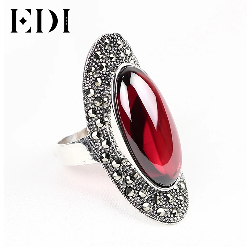 

EDI Retro Sterling Silver 925 Ring With Black Natural Gemstone Women's Rings Thai Silver Retro Fine Jewelry For Woman Gift