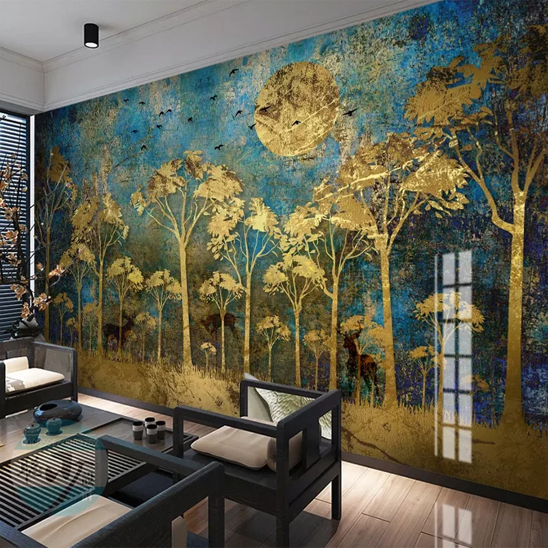 Custom Any Size Mural Wallpaper Abstract Mood Golden Forest Bird Wall Cloth Living Room TV Sofa Home