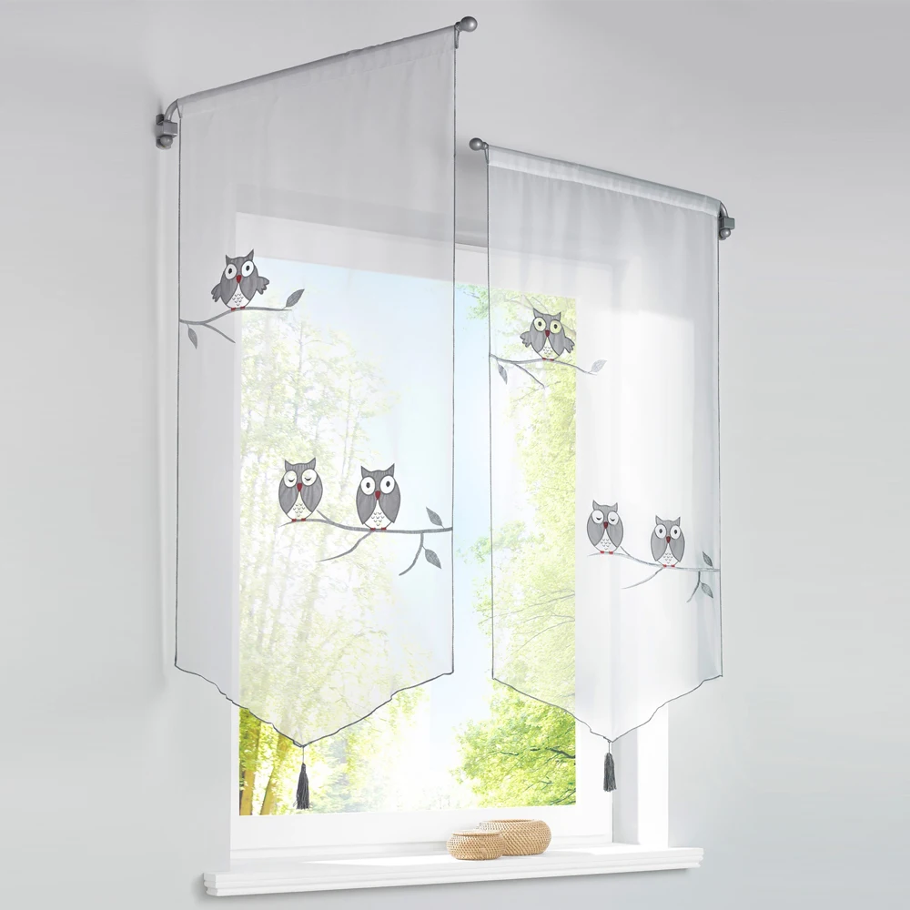 

1PC White Sheer Tulle Curtains For Kitchen Owl Embroidered Short Curtains Roman Blinds Panels Drapes Window Screening