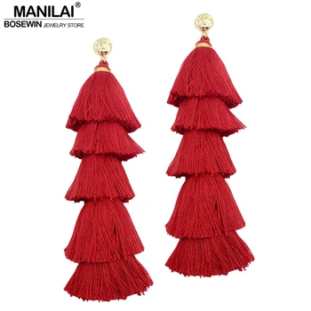 

MANILAI Bohemian 5 Layered Cotton Tassel Earrings Fashion Jewelry Wide Fringe Drop Dangle Long Earrings For Women