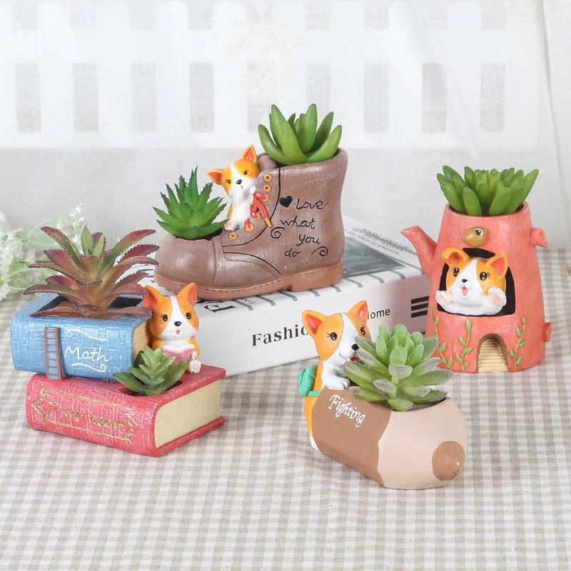 

Home Decor Craft Flowerpot Resin Animal Corgi Dog Succulent Plant Pot Book Shoe Pen Water Jug Shaped Planter Pot flower vase