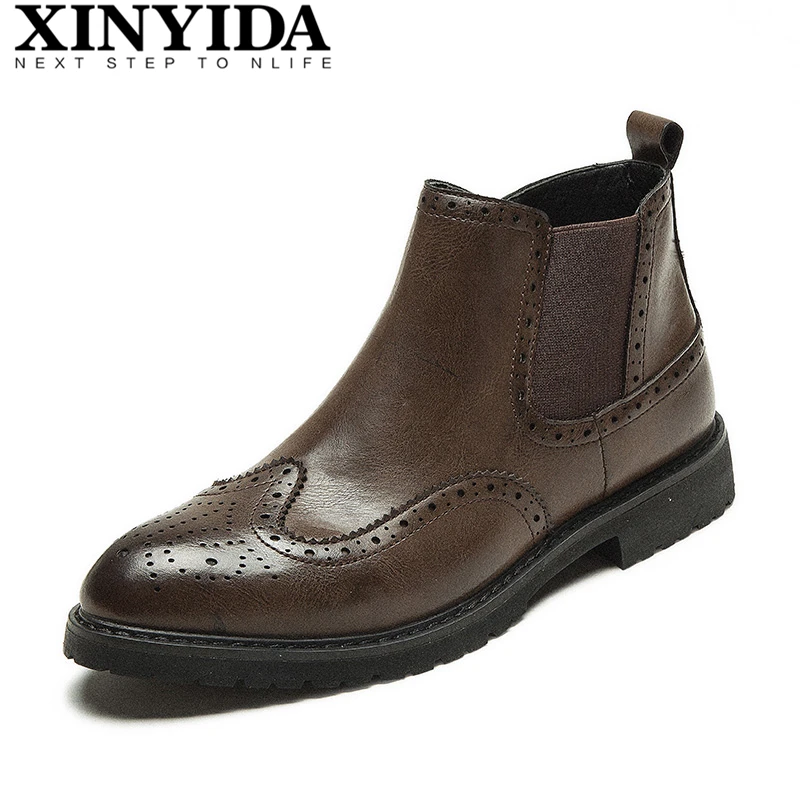 

New Arrivals High Top Men Leather Boots Slip On Breathable Causal Martin Boots Ankle Boats Fashion Male Brogue Boots Size 38-44