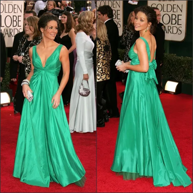 Deep V Neck Cap Sleeve Back Bow Long Train Emerald Green Celebrity Deep V Neck Cap Sleeve Back Bow Long Train Emerald Green Celebrity Red Carpet Dress
