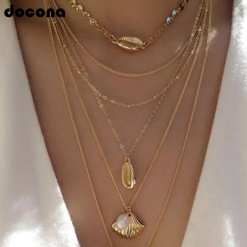 Docona женские пляжные богемные Длинная цепочка из золота Имитация Жемчуга Кулон
