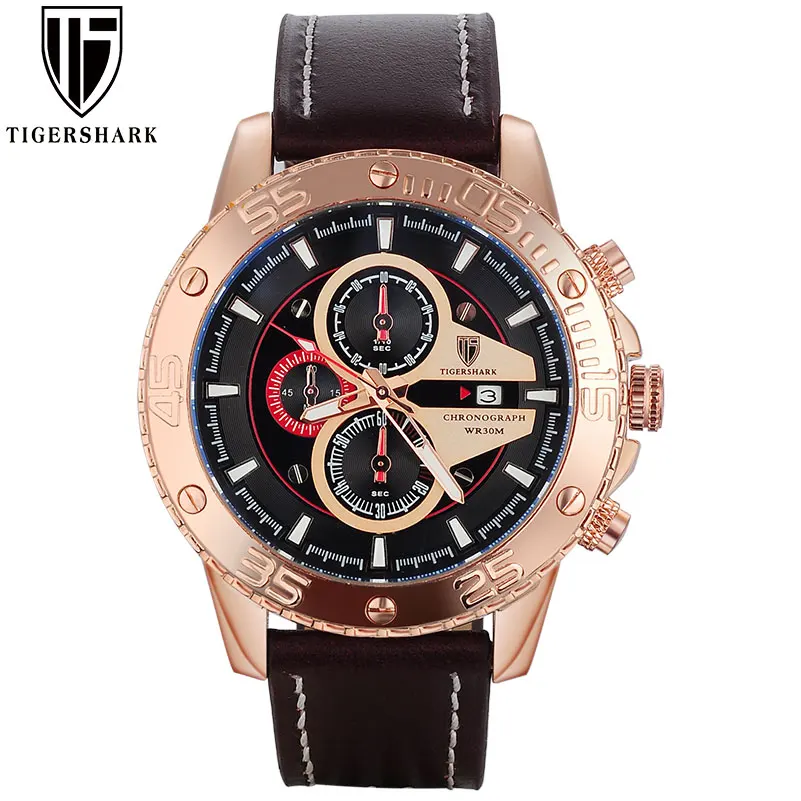 

fashion men sport watches TIGERSHARK brand men quartz watchrose gold genuine leather wristwatches with gift box 30M waterproof