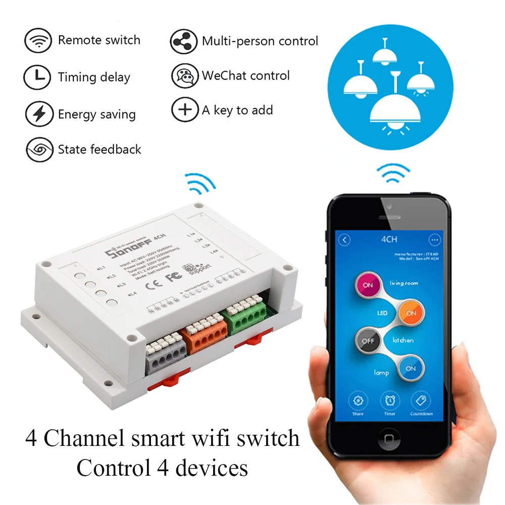 Интеллектуальный выключатель света Sonoff 4CH переключатель Wi-Fi Умный дом 4-канальном пульте дистанционного управления Управление модуль домашней автоматизации на/off Беспроводной таймер для переключателя «сделай сам» на din-рейку