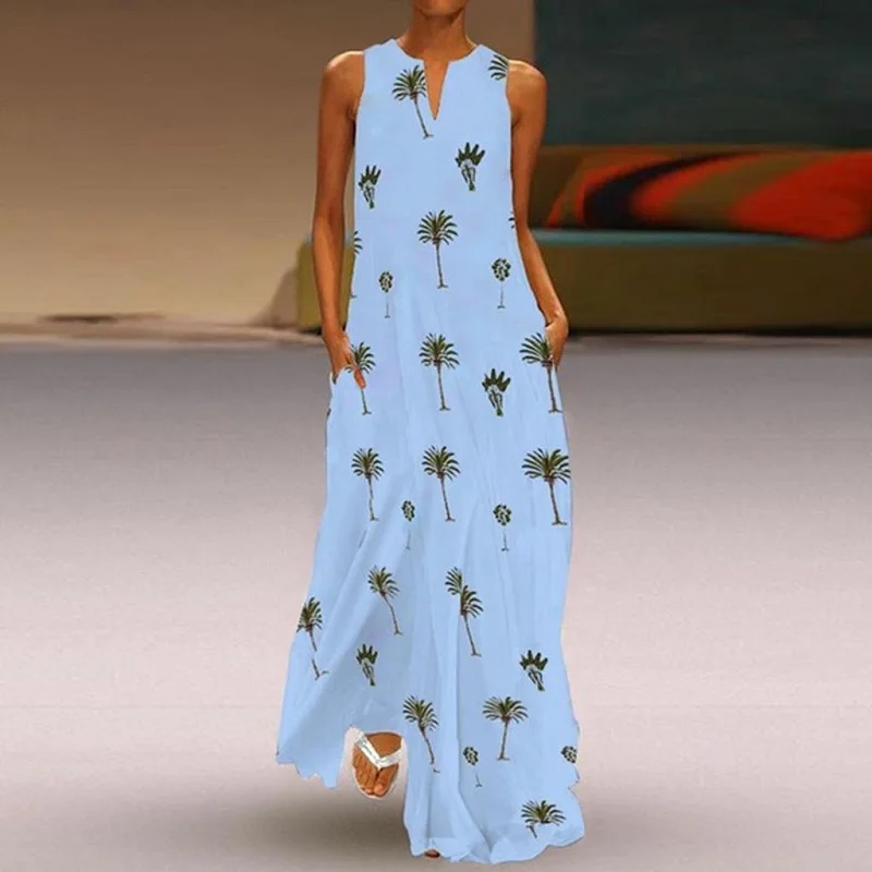 VIEUNSTA, женское винтажное длинное платье с v-образным вырезом и принтом бабочки,, бохо, без рукавов, с карманами, летнее платье, повседневное, свободное, Пляжное, макси платье - Цвет: 04 Light Blue