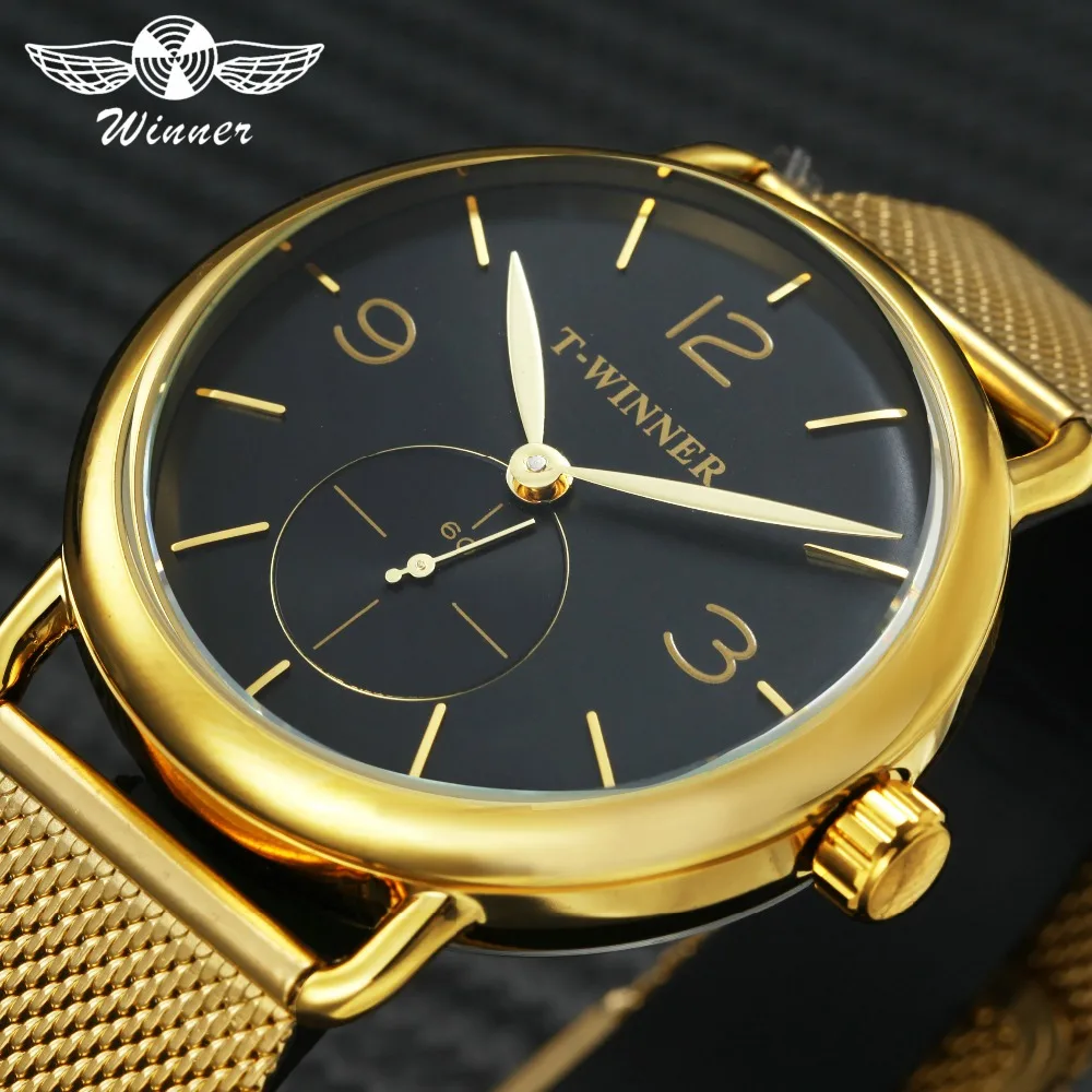 

WINNER 2018 Top Brand Luxury Men Watches Golden Ultra Thin Steel Strap Royal Hand-wind Mechanical Wristwatches Working Sub-dial