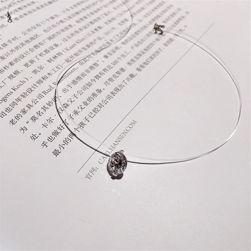 Transparent Female Fishing Line Necklace Silver Heart Invisible Chain Crystal Rhinestone Choker Necklace Pendant on Line Neck