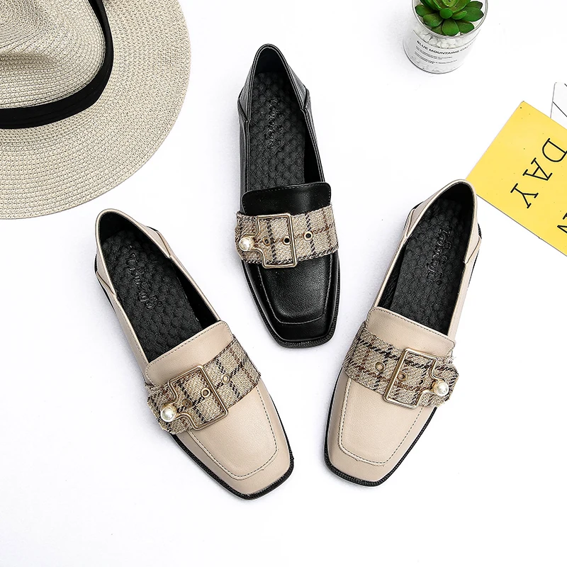 Cremulen/летние женские тонкие туфли с квадратным носком, украшенные жемчугом, в полоску, с металлической пряжкой удобные лоферы на среднем каблуке