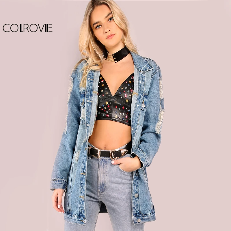 price reduction  COLROVIE Light Mineral Washed Denim Jacket Blue Distressed Women Longline Coat Autumn Full Sleeve C