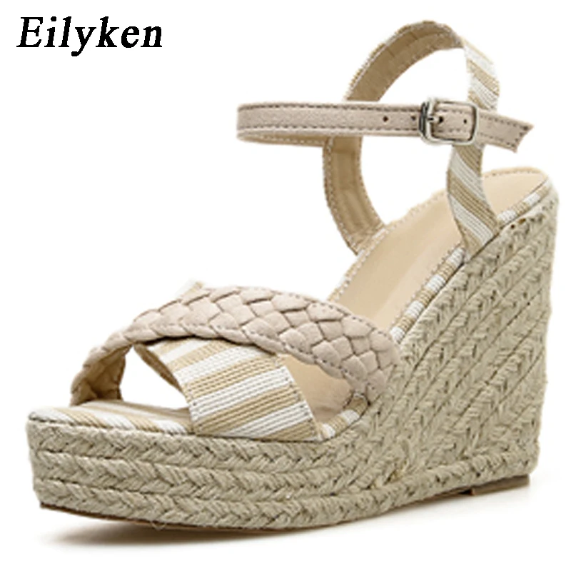 

Eilyken 2019 New Patchwork Women's Canvas Wedge Sandals Platform Wedge Strap 11.5cm Casual Sandals Size 35-40