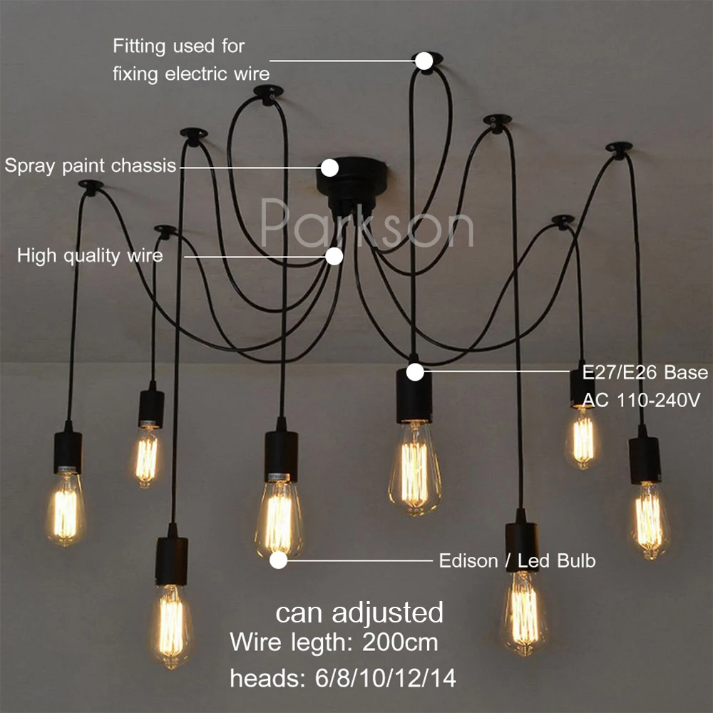 Современное Скандинавское Ретро Подвесная лампа Эдисона, винтажный Лофт античный подвесной светильник, паук Diy, Потолочная подвеска E27