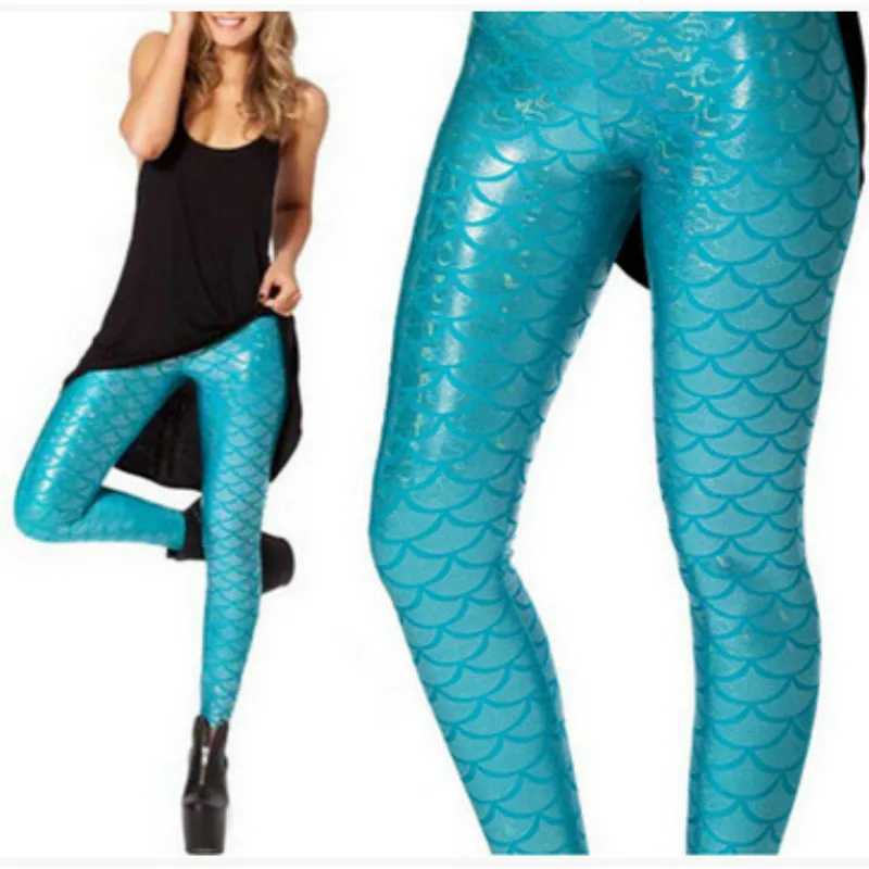 Women Fashion Fish Scales Print Leggings Mermaid Legging Elastic Faux