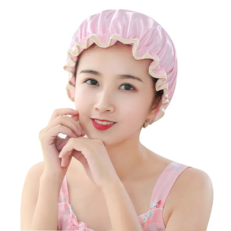 

1pc Lovely Thick Women Shower Satin Hats Colorful Bath Shower Caps Hair Cover Double waterproof Bathing Cap Wholesale