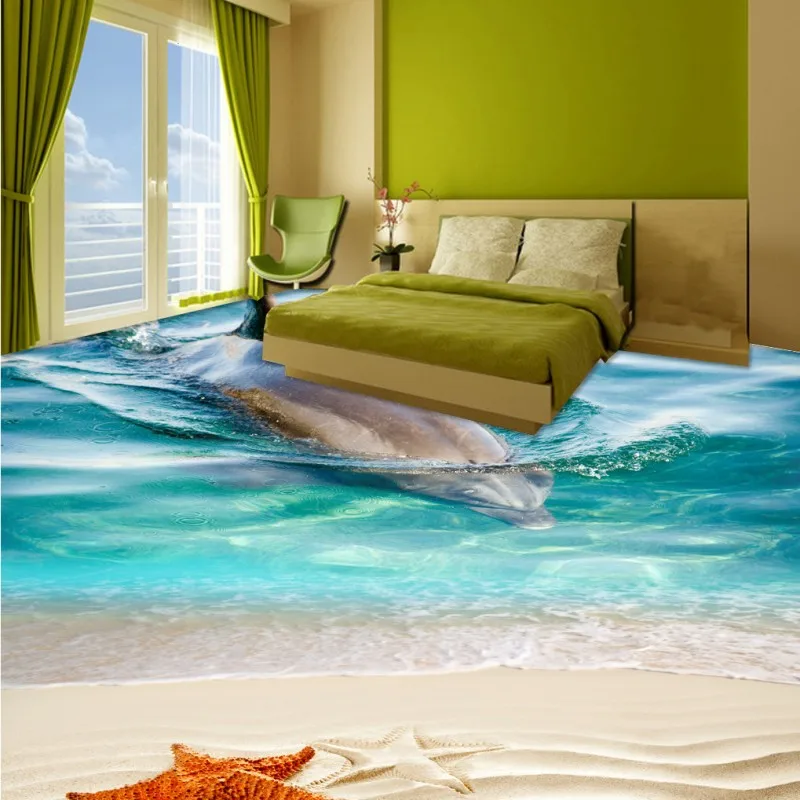 

Free Shipping Dolphin Beach Shells 3D Floor Background wear non-slip thickened bedroom living room bathroom flooring mural