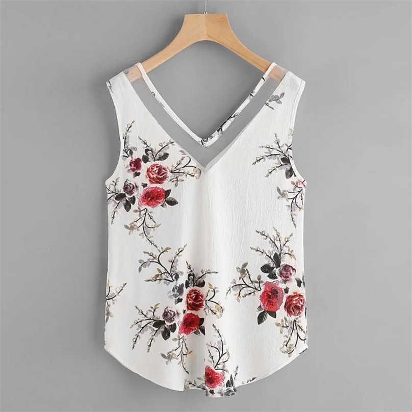 Женская шифоновая блузка с v-образным вырезом, сетчатые Лоскутные Повседневные топы, блузка с цветочным принтом, модная женская летняя одежда без рукавов* 50