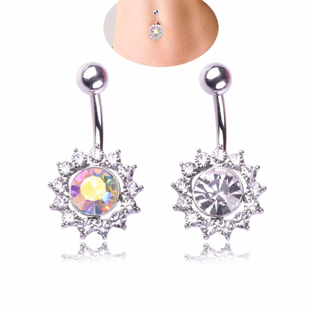 

Fashion 1PC White AB Color Zircon Flower Shaped Piercing Navel Stainless Steel Silver Belly Button Ring Body Jewelry For Women