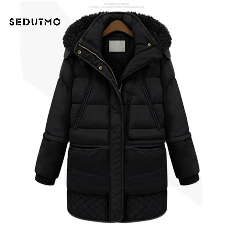 SEDUTMO зимняя длинная парка размера плюс 3XL, Женская куртка, хлопковое Стеганое пальто, теплая бархатная толстовка с капюшоном, уличная верхняя одежда, толстая одежда ED438 - Цвет: Черный