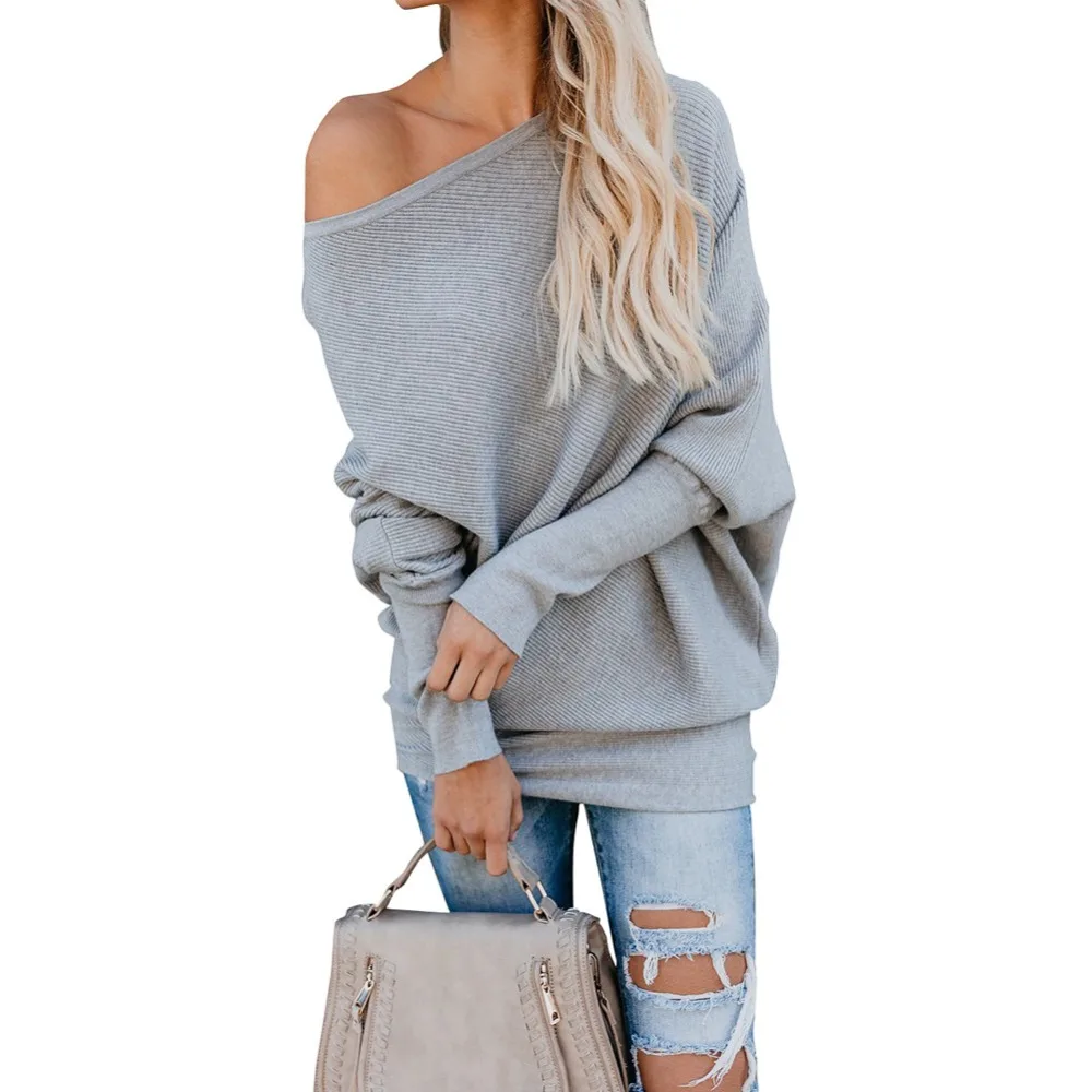 

Sexy One Off Shoulder Batwing Sleeve T Shirt 2019 Women Winter Solid knitted Pullover Casual Tops Streetwear For Mujer Harajuku