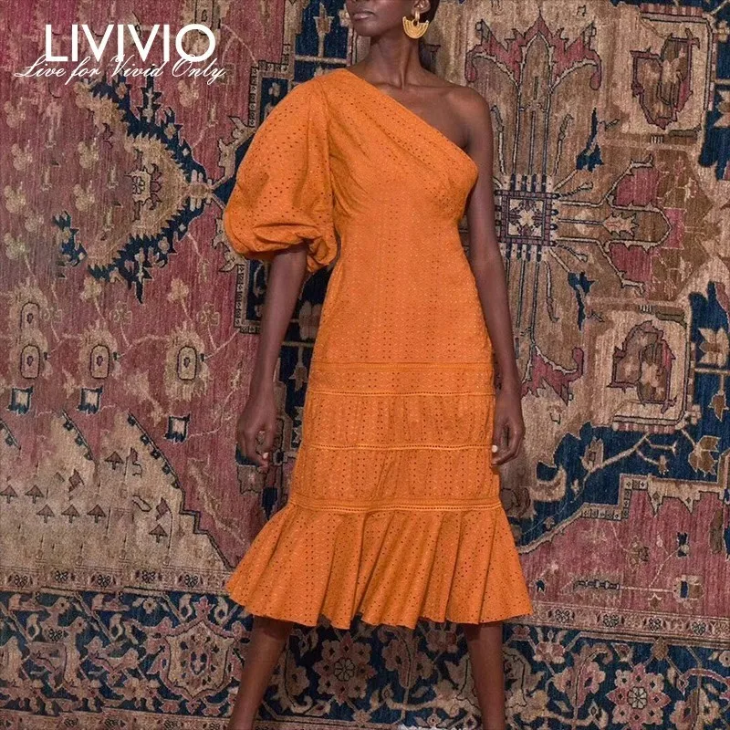 

[LIVIVIO] Casual Solid Women Dress One Shoulder Puff Sleeve High Waist Sashes Hollow Out Midi Dresses Female Fashion Summer