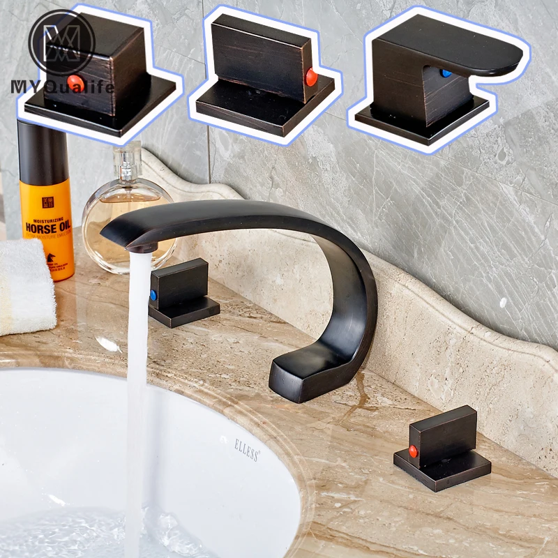 

Creative Design Two Handles Deck Mounted Oil Rubbed Bronze Basin Faucet Tap Widespread Black Color Mixer Faucet