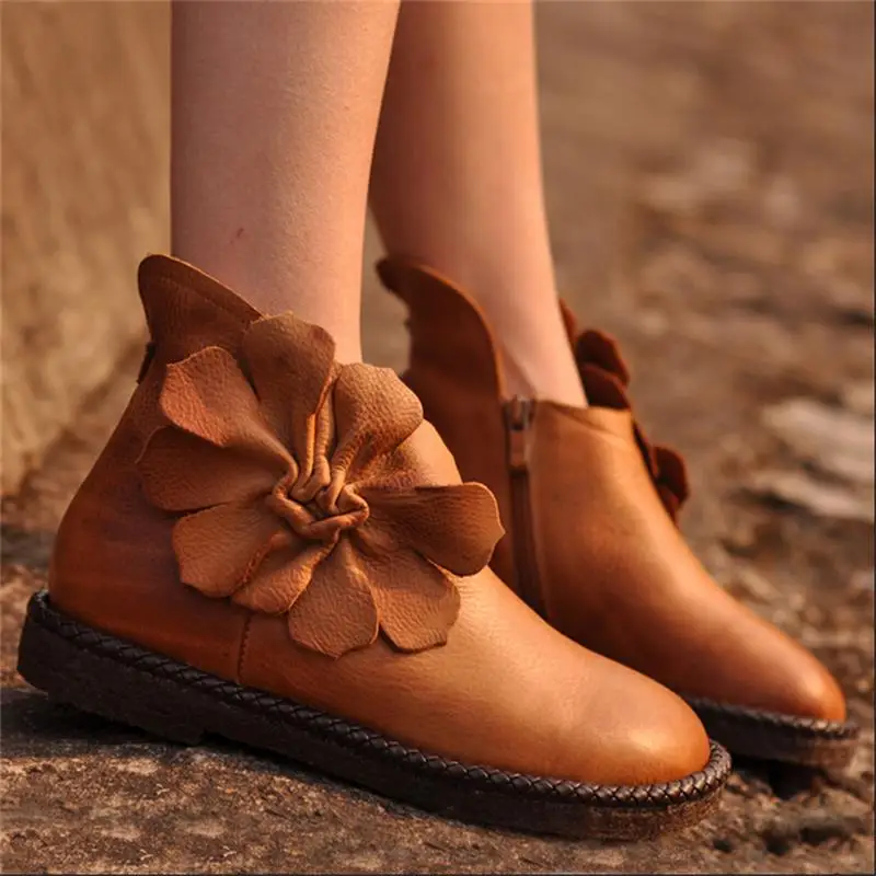 Autumn and winter handmade women's shoes genuine leather boots first layer of cowhide boots flower elegant women boots ankle