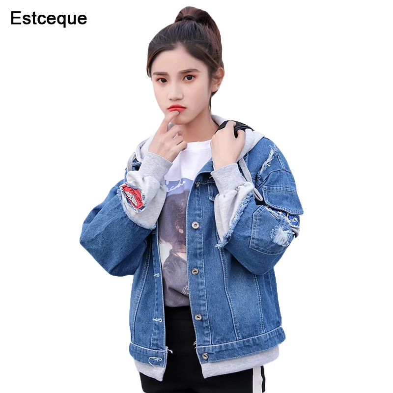 

New 2018 Women Denim Jacket Pathchwork Loose Basic Baseball Jacket Female Hood Jeans Denim Coat Sweet Style
