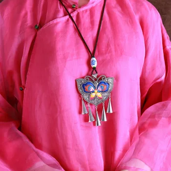 

Ancient Miao traditional folk style embroidery Necklace Pendant Jewelry women sweater chain butterfly in Yunnan Bohemia