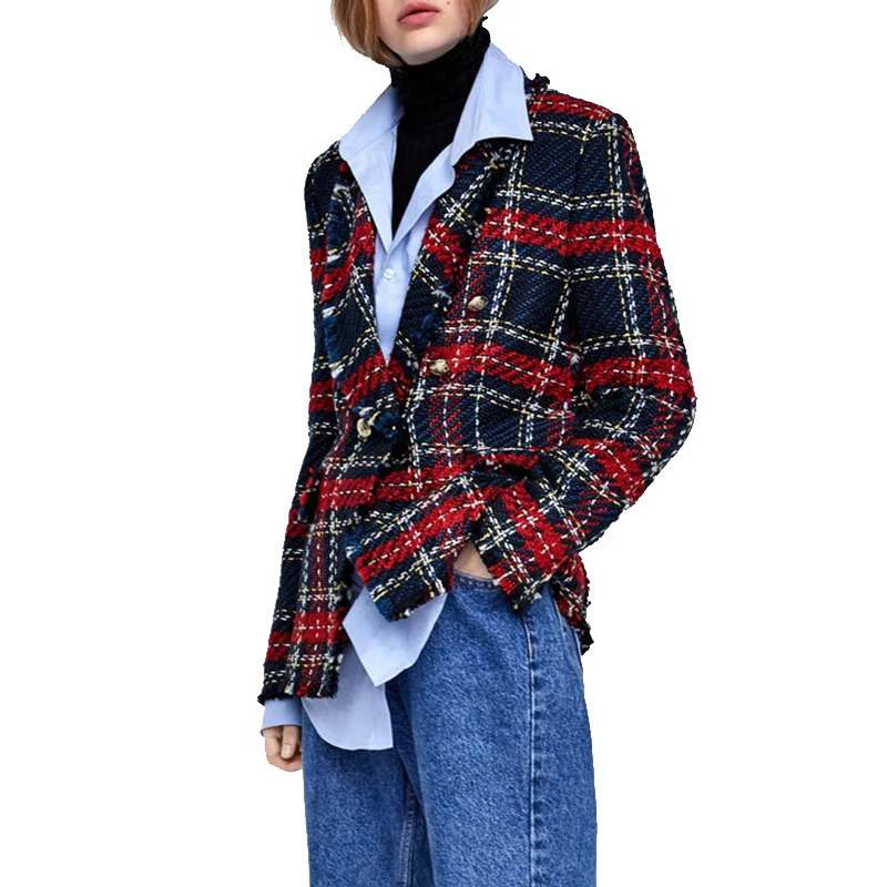 Blazer mujer 2019 Fashion Tweed Knitted Plaid Jackets Coats Ladies Elegant Single Breasted Blazer Outerwear jacket women blazers