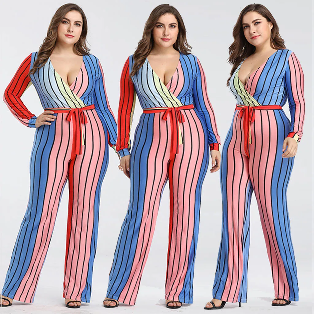 New Style Women Casual Long Sleeve Jumpsuit Deep V neck Plus Size