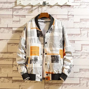 

Autumn New Men's Fashion Bomber Jacket Outerwear Windbreaker Men's Mandarin Collar Newspaper Printed Jackets Streetwear 4XL 5XL