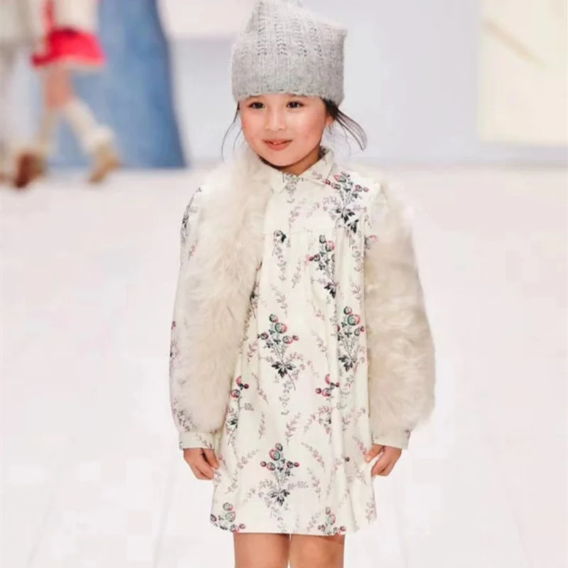 

2018 Autumn Brand Flower Printed Girls Dress+Leather fur Vest Coat Party Boutique Beige Cream Dress for Girls Cherry Clothes